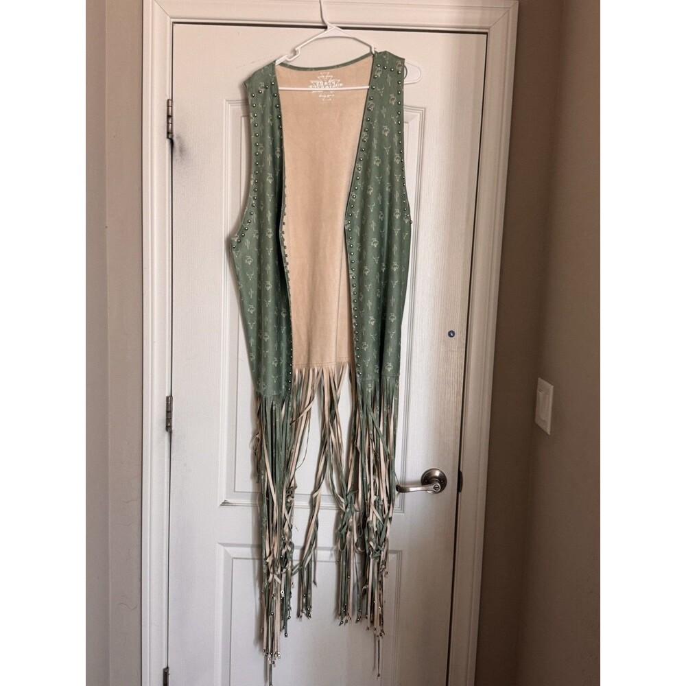Crazy Train Boho Green Seude Plus Western Studded Open Vest Long Fringe